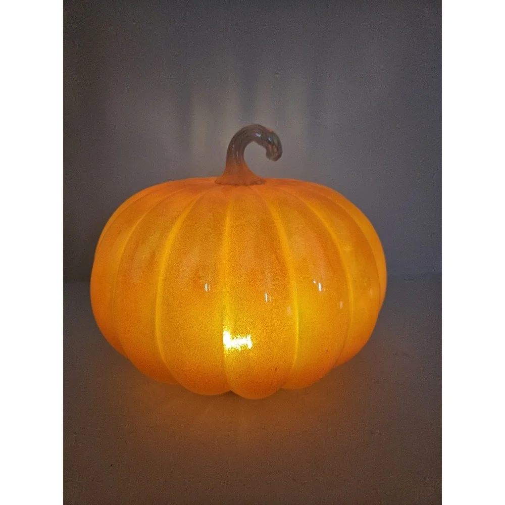 Orange Pink Iridescent Glass Pumpkin Light Up LED Amber Luster Fall Decor 8